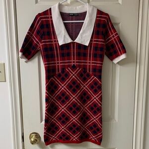 🌷3 for$25🌷SHEIN, US 6, Red Black & White Plaid Bodycon Sweater Dress With Collar